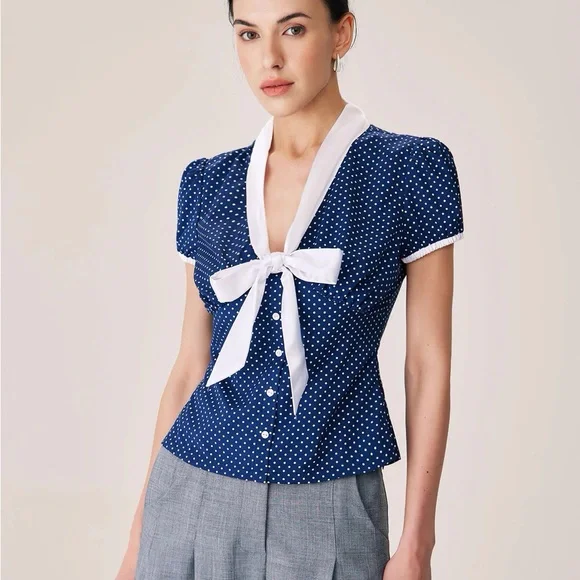 NWT RIHOAS Blue Polka Dot Puffed Sleeve Blouse - Picture 1 of 4